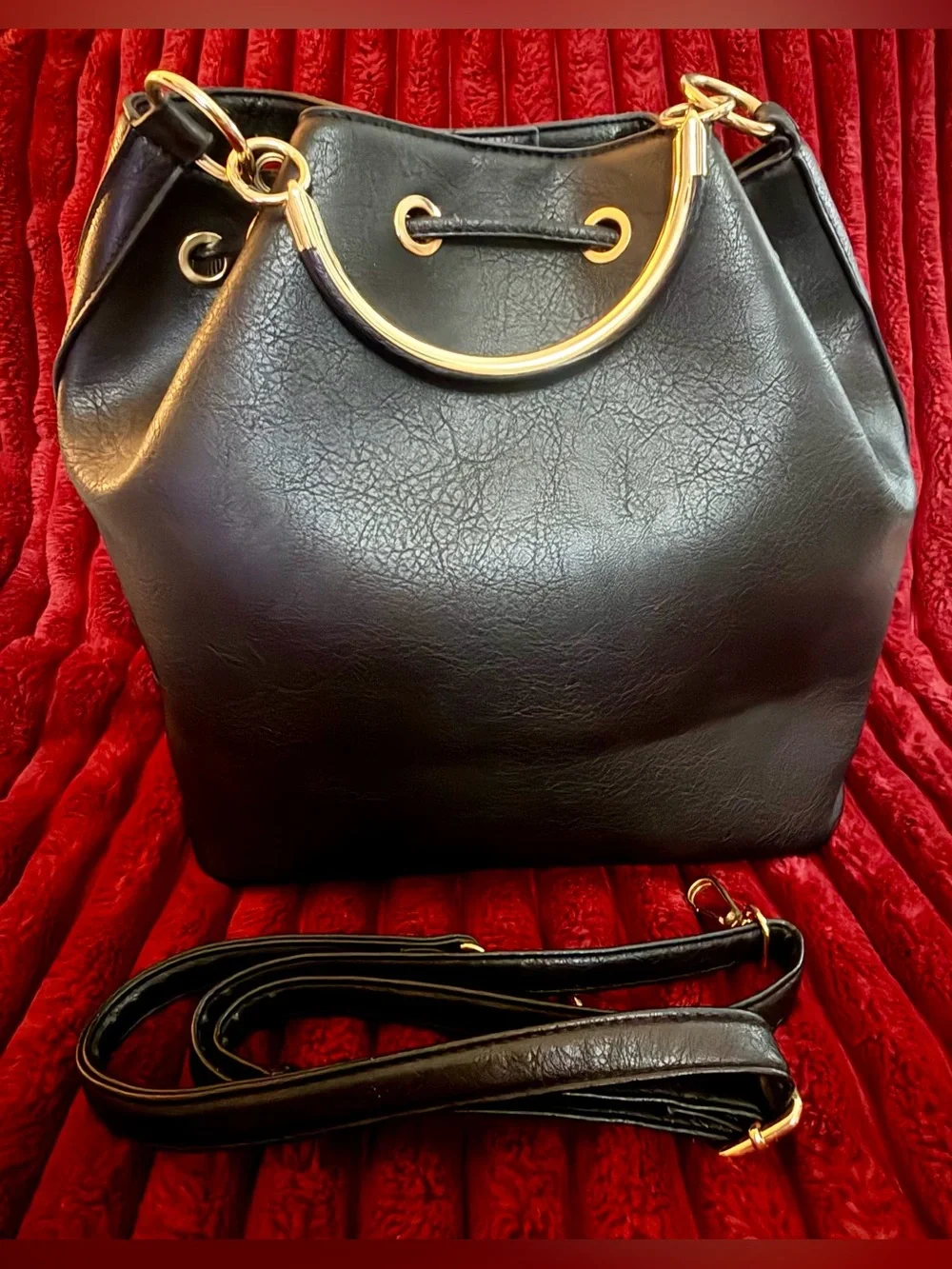 Black Faux Leather Drawstring Tote with Leopard Trim